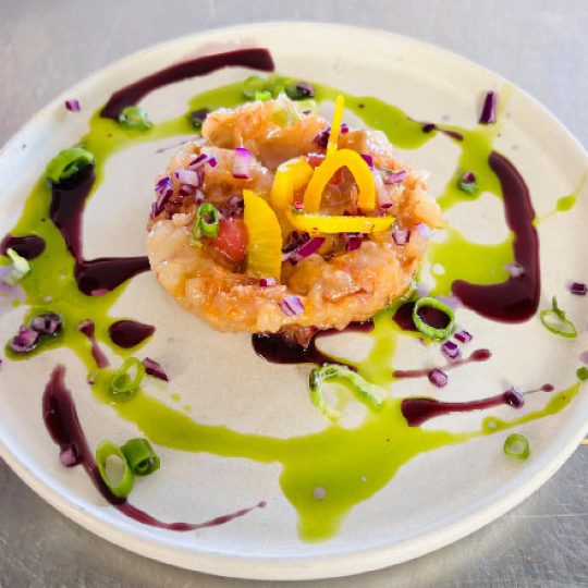 Nos réalisations 11 Céviche de gambas, huile de romarin, jus de carotte violette - Le Parfait Savoureux - Charly Fredet