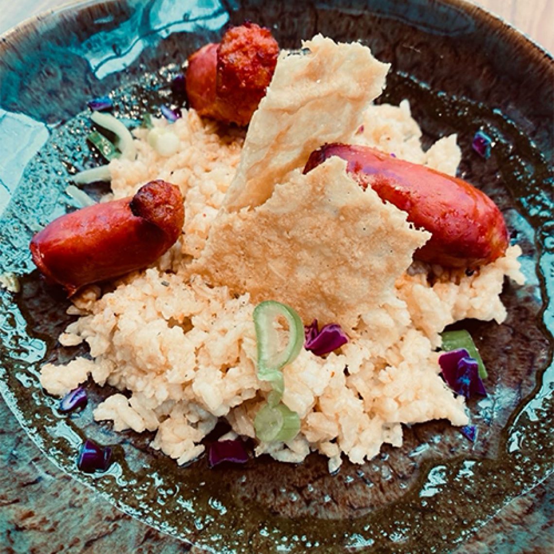 Nos réalisations 7 Risotto au chorizo et tuile de parmesan - Recette de Charly Fredet - Le Parfait Savoureux