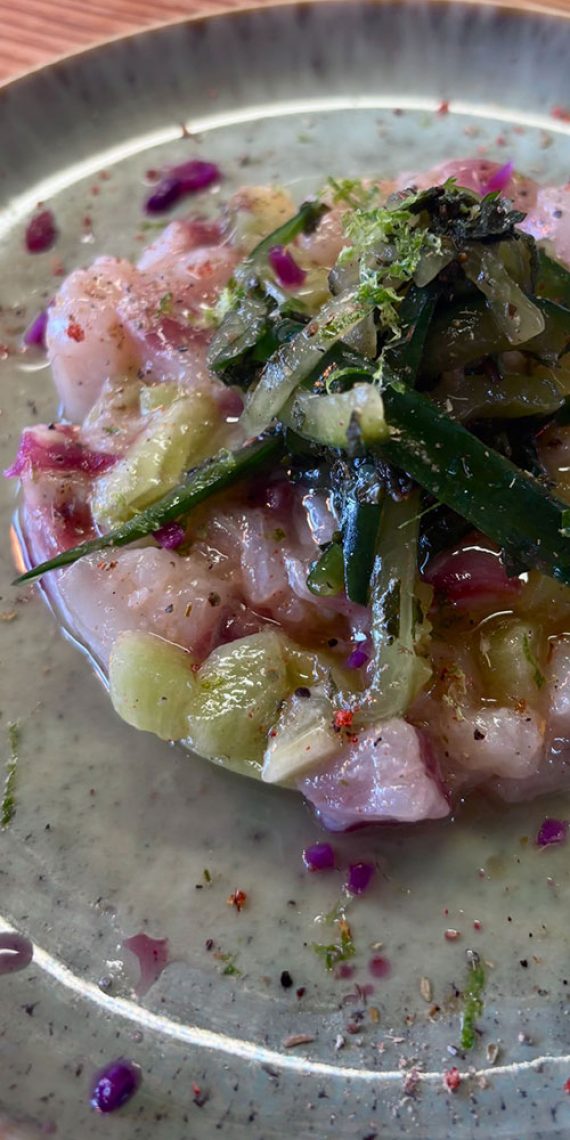 Nos réalisations 2 Tartare de bar, myrtilles, huile de cardamome, julienne de concombre et menthe - Le Comptoir de Marcel - Carcans - 33